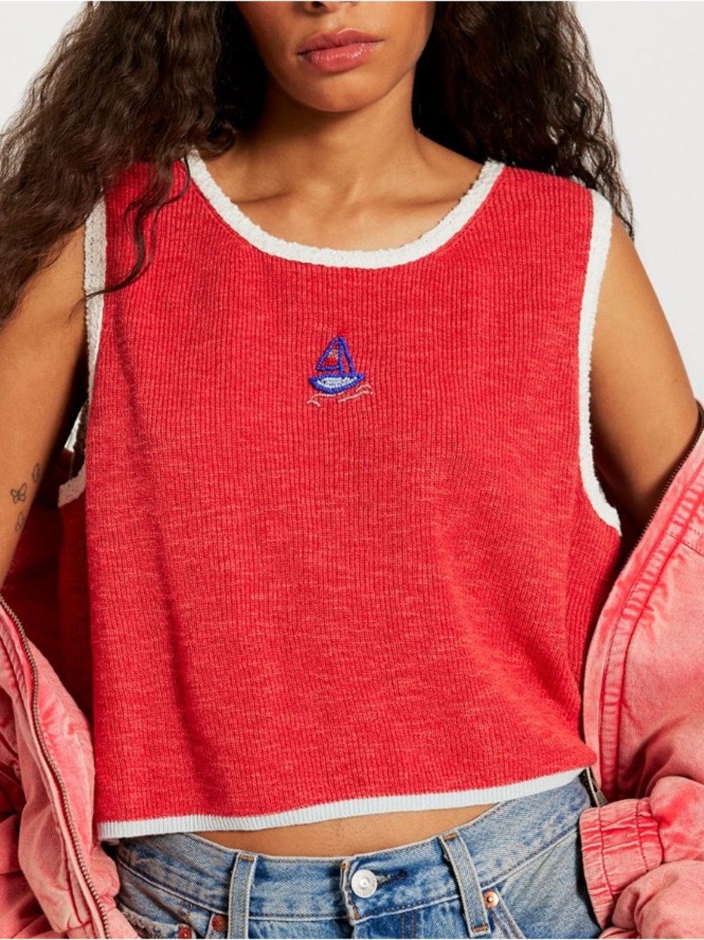 FREE PEOPLE SHELLY RED BEADED SAILBOAT SLEEVELESS KNIT TOP SM
